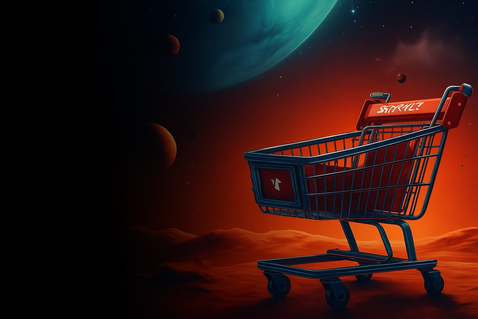 Shopping cart on an alien planet surface — symbol for the next era of commerce